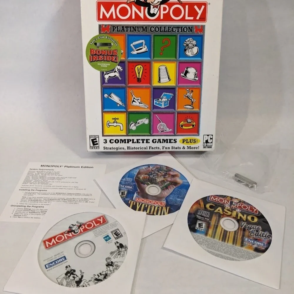 Vtg Monopoly Platinum Collection PC 3 Games Tycoon Casino Bonus Skateboard Token